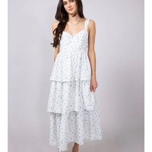 Floral White and Blue Maxi Dress